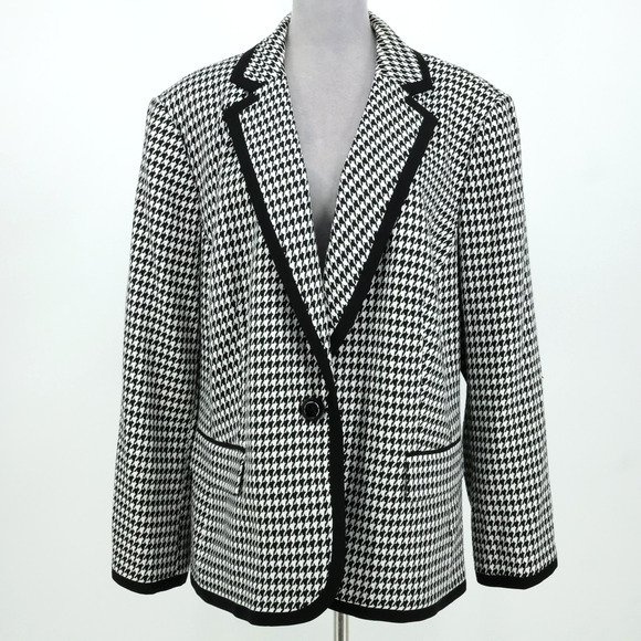 Kasper Jacket Plus Size 24W White Black Houndstooth Lined Blazer Pockets Career - Picture 1 of 15